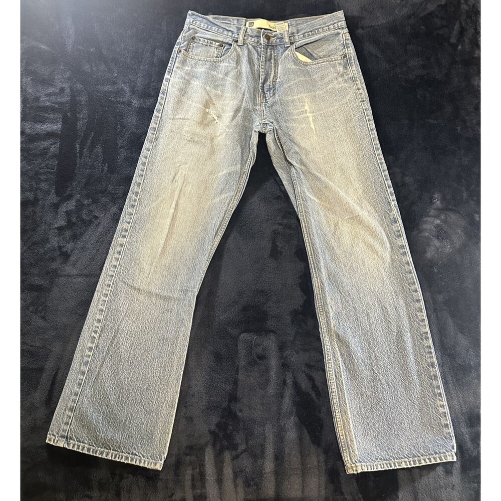 Y2k Gap Boot Fit 1969 Button Blue Denim Jeans Men's 31x30 Light Wash Distressed